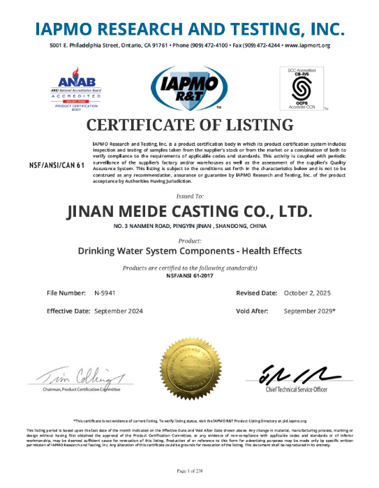 Meide Group’s stainless steel grooved fittings have obtained the NSF-61 certification.